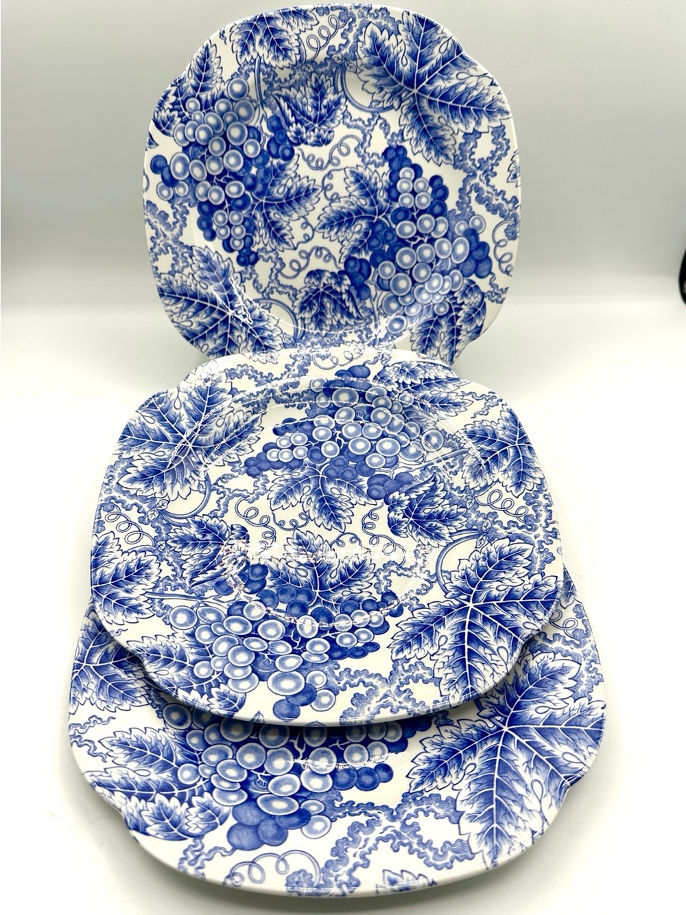 3 Spode “Grapes” 9” Blue Room Plates. Square Scalloped Blue & White
